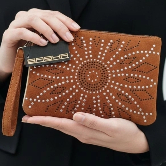 Sasha New York Handbags - NEW WITH TAGS Sasha of NY Suede Clutch Studded Sunflower, Zips, wrist strap 9x6